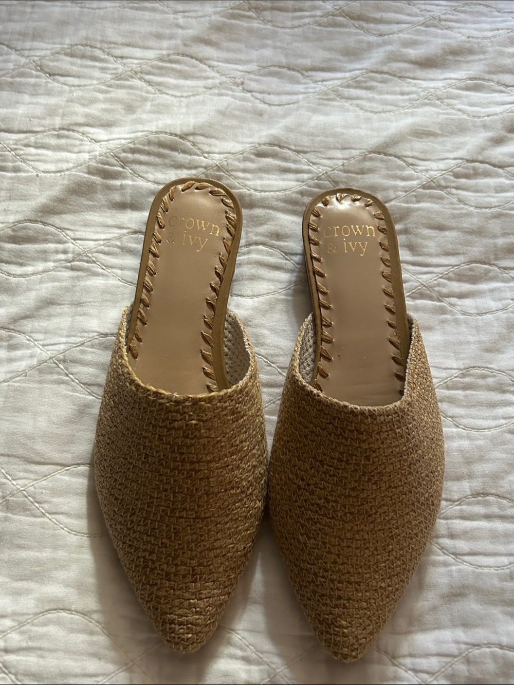 crown & ivy Tan Woven Pointed Mules Slip-Ons